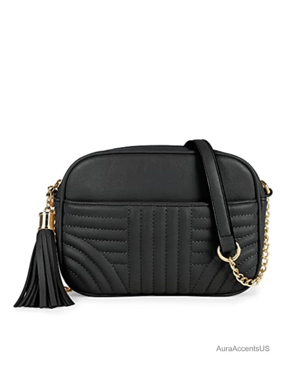 Quilted Crossbody Bag with Tassel - Faux Leather Camera Purse